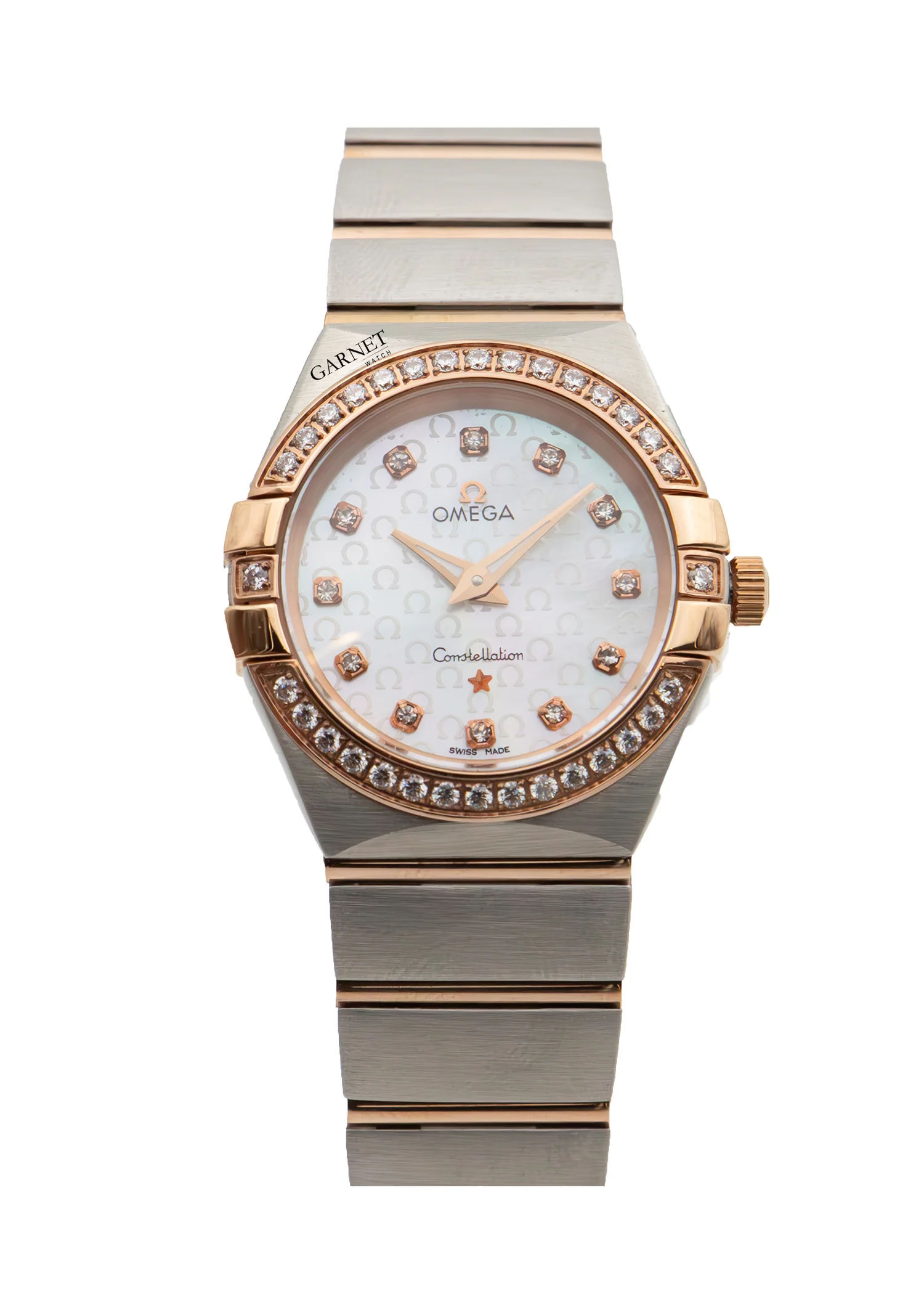 ساعت امگا زنانه کانسلیشن دورنگ رزگلد صفحه لوگو عدد نگین زه نگین Omega Constellation