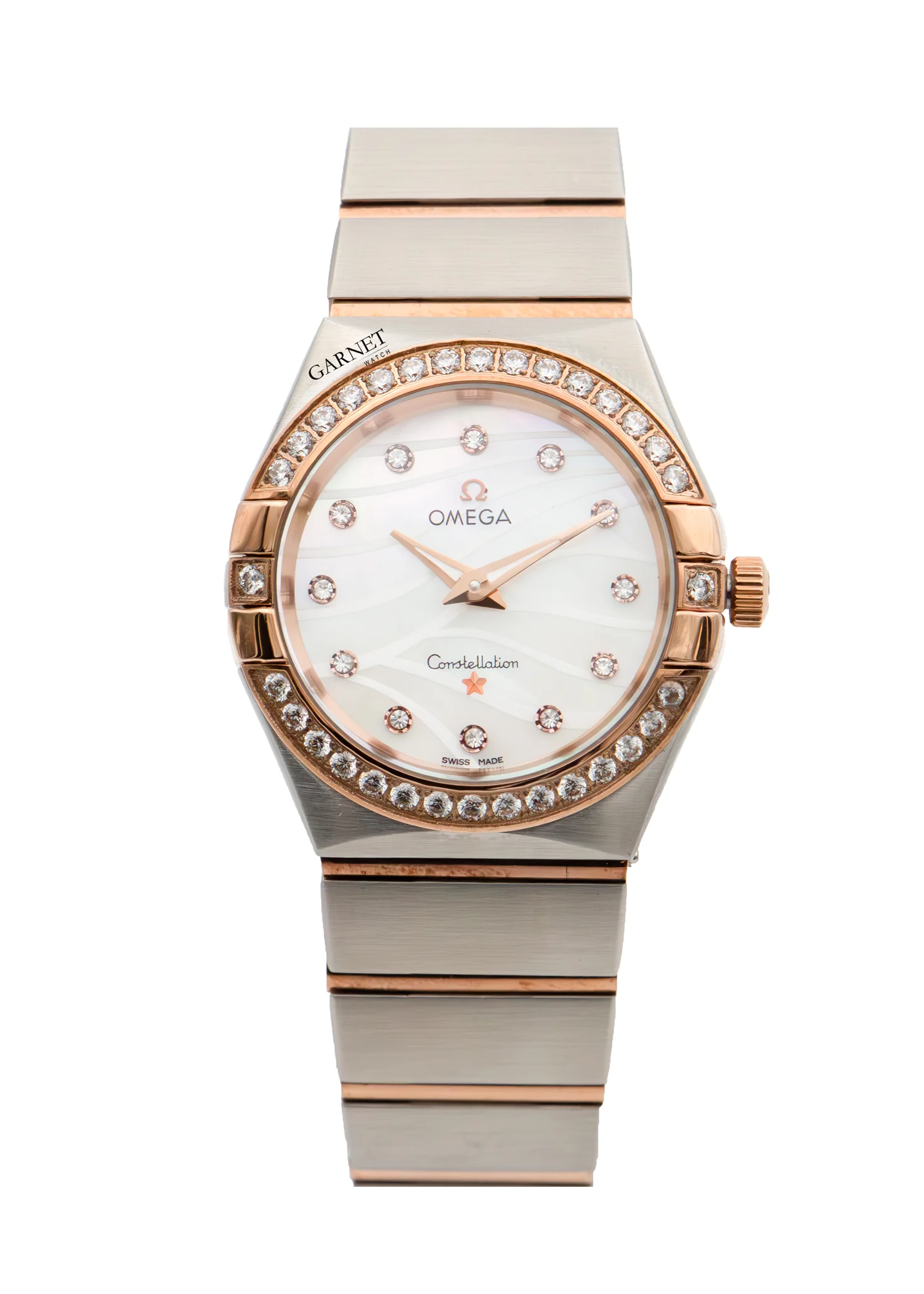 ساعت امگا زنانه کانسلیشن دورنگ رزگلد صفحه موجدار عدد نگین زه نگین Omega Constellation