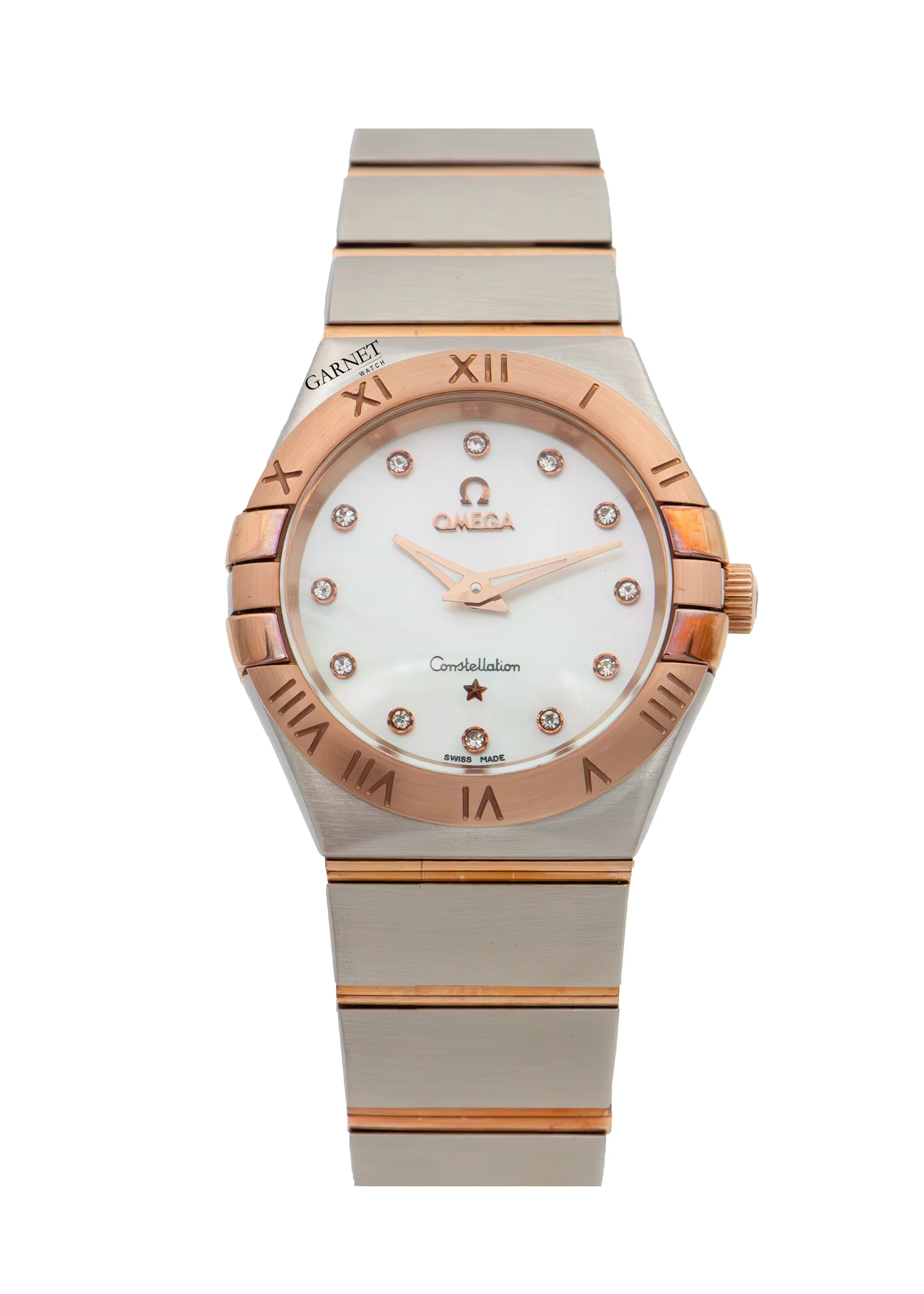 ساعت امگا زنانه کانسلیشن دورنگ رزگلد صفحه صدف عدد نگین Omega Constellation
