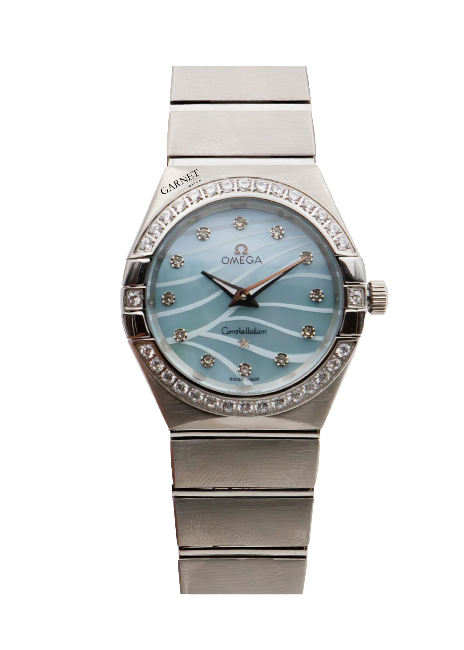 ساعت امگا زنانه کانسلیشن استیل صفحه صدف آبی عدد نگین زه نگین Omega Constellation