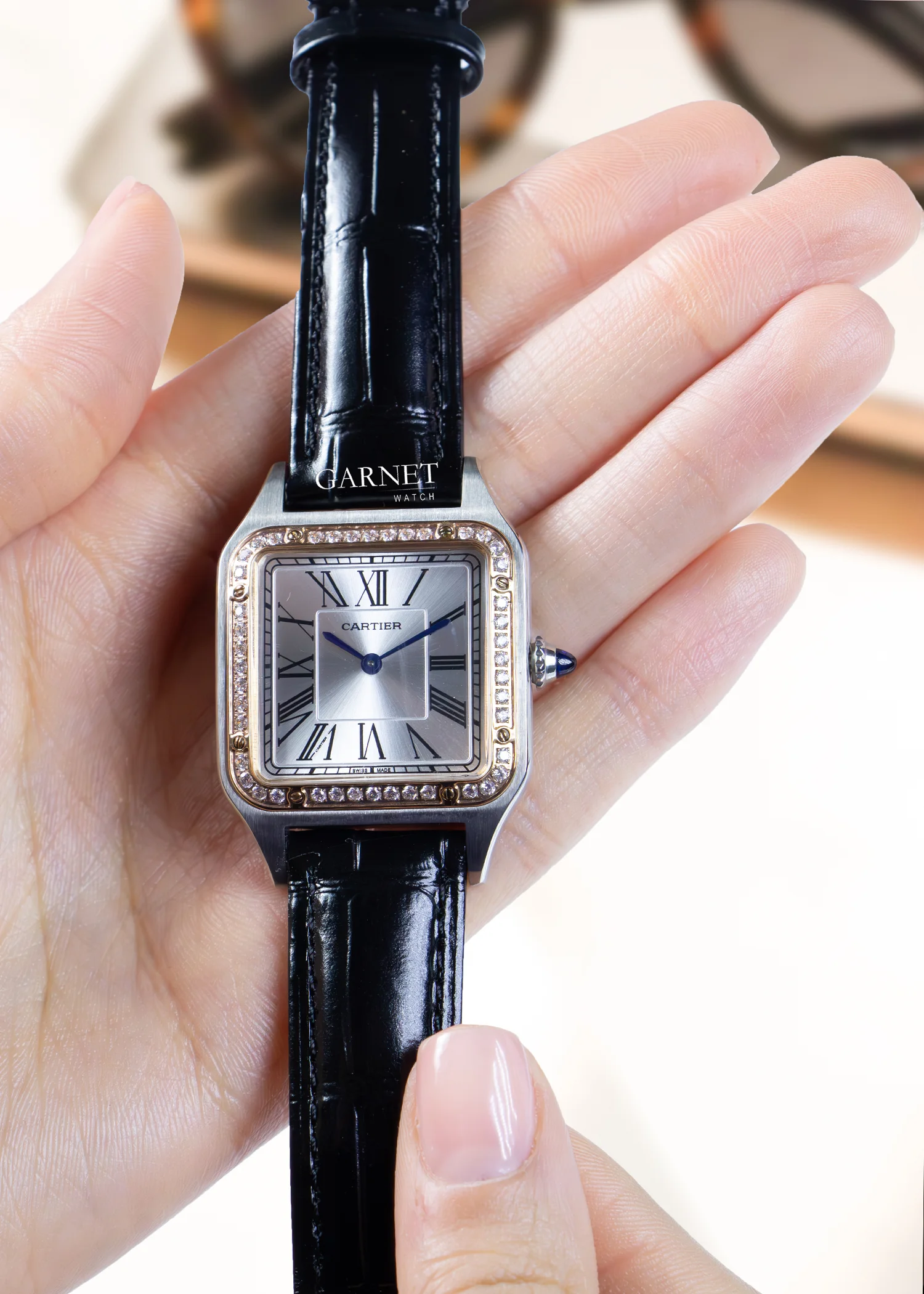 ساعت کارتیه زنانه متوسط سانتوز دومنت دورنگ رزگلد زه نگین Cartier Santos Dumont