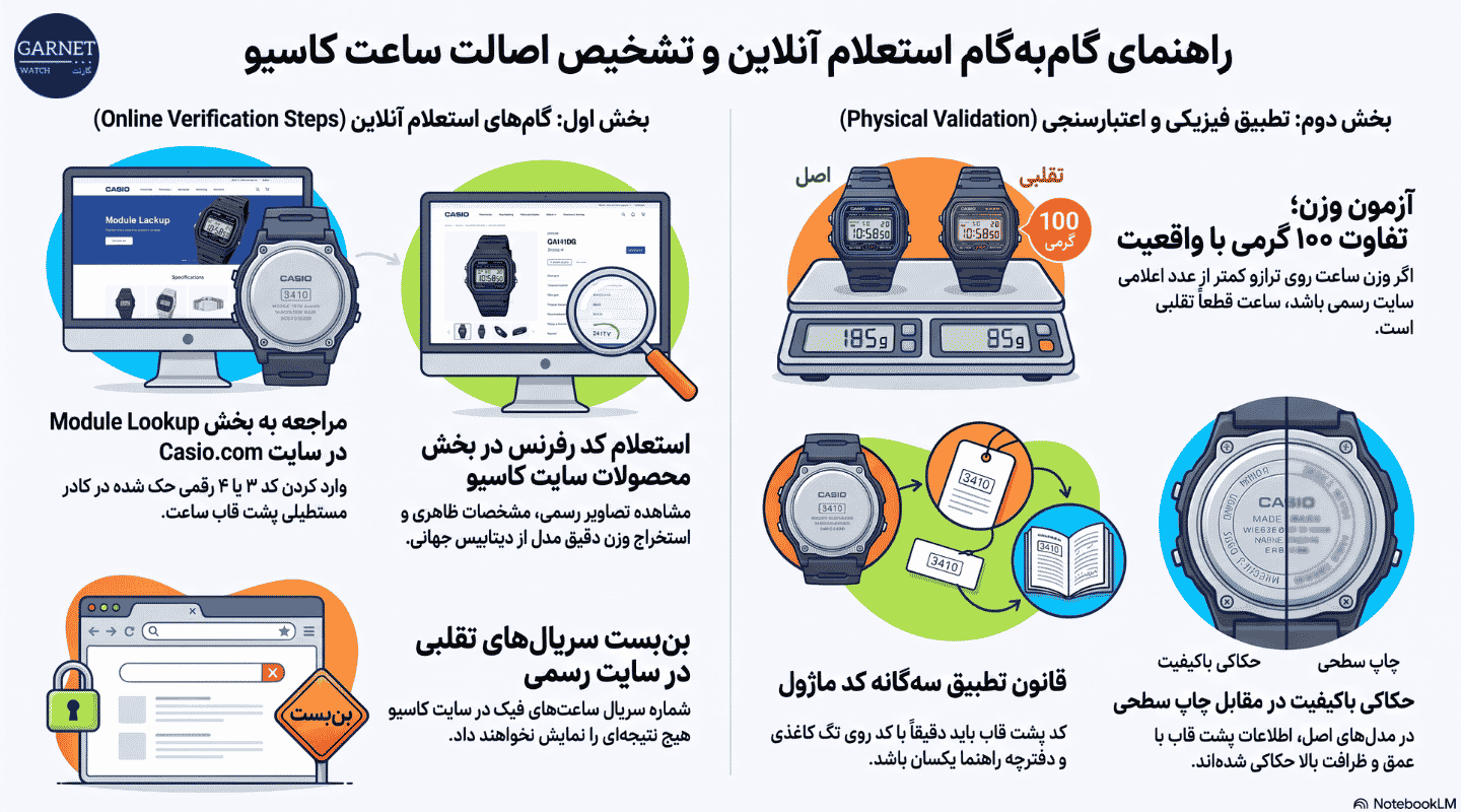 اینفوگرافیک تشخیص ساعت کاسیو اصل از تقلبی